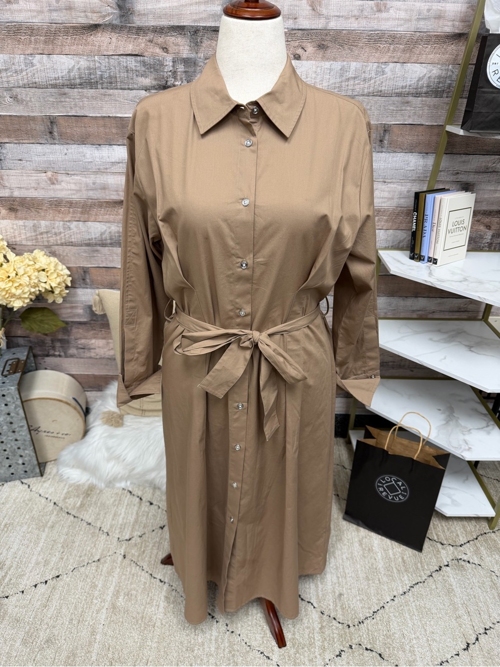 DKNY Tan Linen Blend Belted Midi Shirt Dress